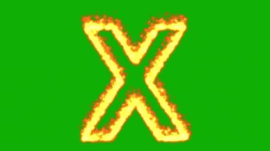 Yeşil ekran arkaplanı üzerinde ateş etkisi olan İngilizce alfabe X