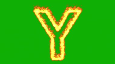 Yeşil ekran arka planında ateş efektli İngilizce alfabe Y