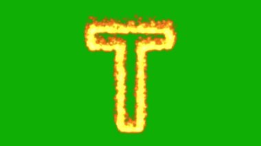 Yeşil ekran arka planında ateş efektli İngiliz alfabesi T