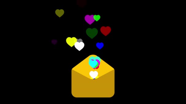 Colorful Hearts Envelope Motion Graphics Plain Black Background — Vídeo de Stock