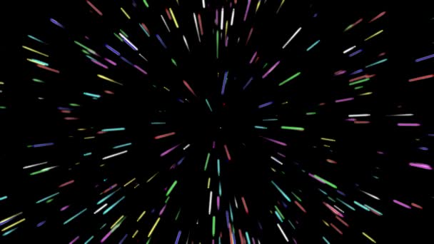 Kleurrijke Deeltjes Door Ruimte Motion Graphics Met Effen Zwarte Achtergrond — Stockvideo