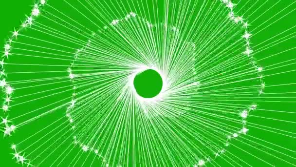 Spiralne Promienie Świetlne Błyszczące Cząstki Grafiki Ruchu Zielonym Tle Ekranu — Wideo stockowe