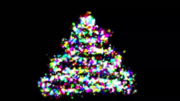 Skinnande Julgran Med Färgglada Glitter Partiklar Vanlig Svart Bakgrund — Stockvideo