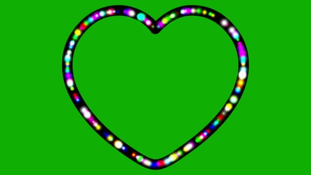 Σχήμα Καρδιάς Πολύχρωμα Φώτα Λάμψης Πράσινο Φόντο Οθόνη — Αρχείο Βίντεο