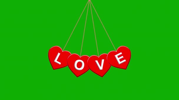 Гойдалки Червоні Серця Текстом Love Фоні Зеленого Екрану — стокове відео