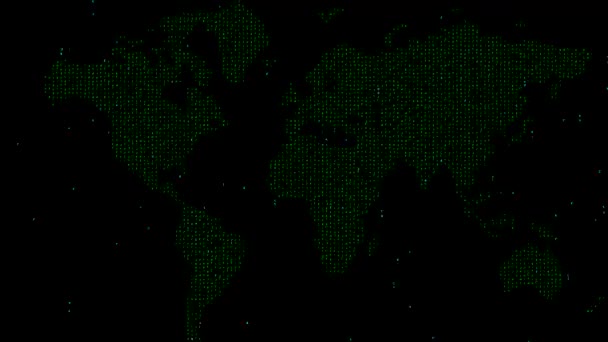 具有纯黑色背景的世界地图矩阵代码运动图形 — 图库视频影像
