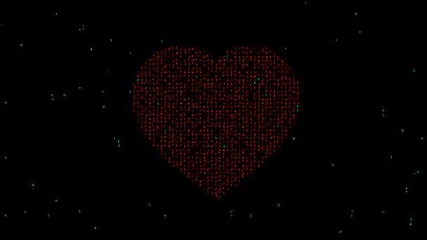 Rode Hartvorm Met Matrix Code Effen Zwarte Achtergrond — Stockvideo