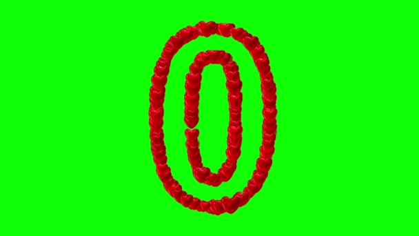 緑の画面の背景に赤いハート型の数字0 — ストック動画