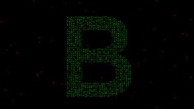 Düz siyah arkaplan üzerinde matris kodu olan İngilizce alfabe B