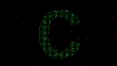 Düz siyah arkaplan üzerinde matris kodu olan İngilizce alfabe C