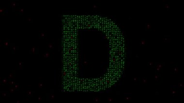 Düz siyah arkaplan üzerinde matris kodu olan İngilizce alfabe D