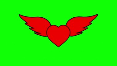 Yeşil ekran arkaplan ile kanatlı kırmızı kalp hareketi grafikleri