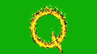 Yeşil ekran arka planında ateş efektli İngilizce alfabe Q