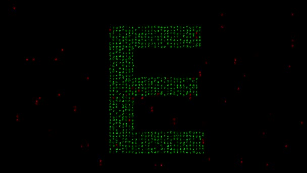 英語のアルファベットEと行列コードプレーン黒の背景 — ストック動画