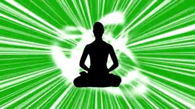 Yeşil ekran arka planında ışık çizgileri olan yoga sembolü