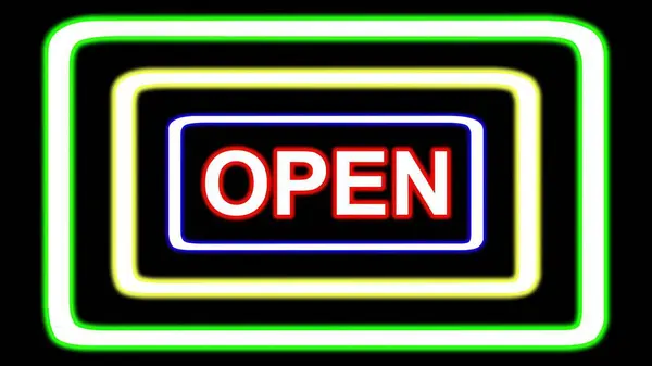 Beautiful illustration of Open text with colorful neon light frames on plain black background