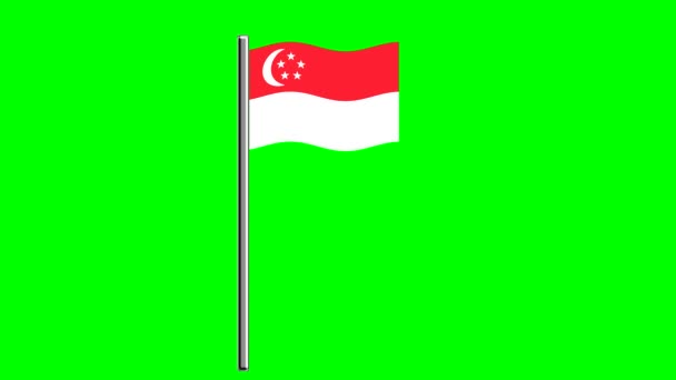 Волнистый Флаг Сингапура Шестом Зеленом Фоне Экрана — стоковое видео