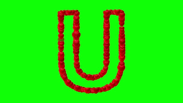 英文字母表U 绿屏背景上有红心 — 图库视频影像