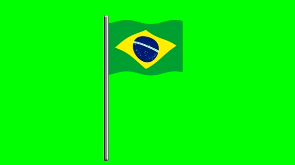 Wellige Brasilien Flagge Mit Mast Auf Grünem Hintergrund — Stockvideo