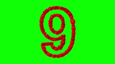 Yeşil ekran arka planında kırmızı kalpli 9 numara.
