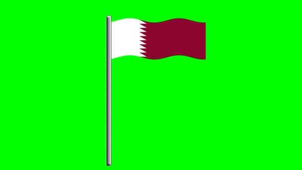 Wellenförmige Katar Flagge Mit Mast Auf Grünem Hintergrund — Stockvideo