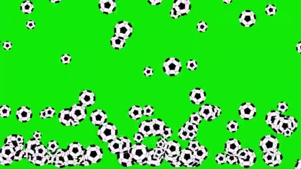 Fallande Fotboll Bollar Marken Rörelse Grafik Med Grön Skärm Bakgrund — Stockvideo