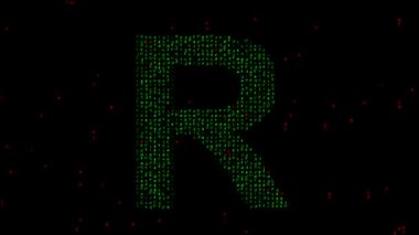 Düz siyah arkaplan üzerinde matris kodu olan İngiliz alfabesi R