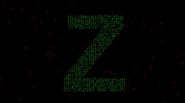 Düz siyah arkaplan üzerinde matris kodu olan İngilizce alfabe Z