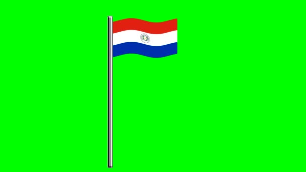 Волнистый Флаг Парагвая Шестом Зеленом Фоне Экрана — стоковое видео