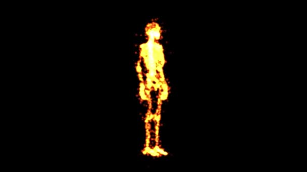 Esqueleto Giratorio Con Partículas Fuego Sobre Fondo Negro Liso — Vídeo de stock