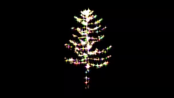 平らな黒の背景にカラフルな輝きのある3D松の木を紡ぎます — ストック動画