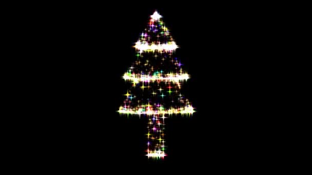 Spinning Árvore Natal Com Brilhos Coloridos Brilhos Fundo Preto Liso — Vídeo de Stock