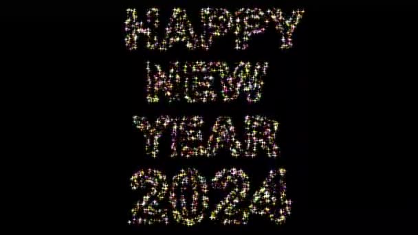 Feliz Ano Novo 2024 Com Brilhos Coloridos Fundo Preto Liso — Vídeo de Stock