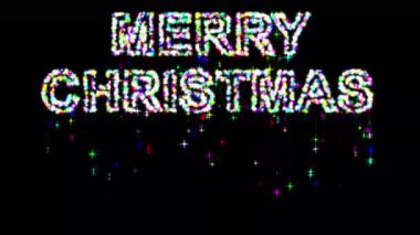 Düşen renkli parıltılarla mutlu Noeller. Sade siyah arka planda parıldıyor.