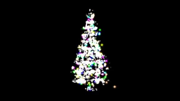 平らな黒の背景にカラフルな輝きを持つ3Dクリスマスツリーを紡ぎます — ストック動画