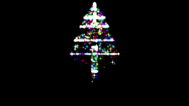 旋转的3D圣诞树上闪烁着五彩斑斓的光芒 星星落在漆黑的背景上 — 图库视频影像