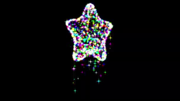 Kręcący Się Trójwymiarowy Kształt Gwiazdy Kolorowymi Błyszczącymi Brokatami Spadającymi Gwiazdami — Wideo stockowe