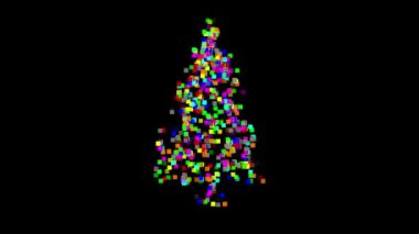 Sade siyah arkaplanda renkli parçacıklarla dönen 3d Noel ağacı