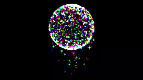 Snurrande Sfär Med Färgglada Glitter Gnistrar Och Fallande Stjärnor Vanlig — Stockvideo
