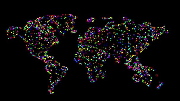 World Map Gráficos Movimiento Con Partículas Colores Sobre Fondo Negro — Vídeo de stock