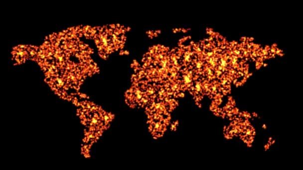 Mapa Del Mundo Con Partículas Fuego Sobre Fondo Negro Liso — Vídeo de stock
