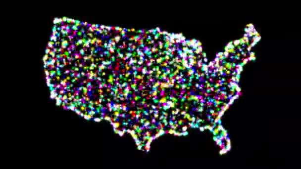 Usa Karte Mit Buntem Glitzern Auf Schlichtem Schwarzem Hintergrund — Stockvideo