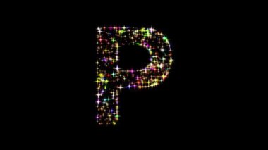 Sade siyah arkaplan üzerinde parıldayan renkli simli İngilizce alfabe P