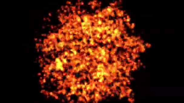 平らな黒い背景に火の粒子が付いている回転3D球 — ストック動画