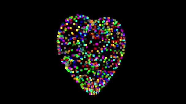 Περιστρεφόμενο Σχήμα Καρδιάς Πολύχρωμα Σωματίδια Απλό Μαύρο Φόντο — Αρχείο Βίντεο