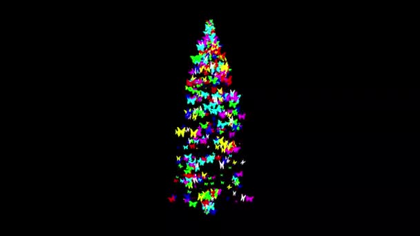 Περιστροφή Χριστουγεννιάτικο Δέντρο Πολύχρωμες Πεταλούδες Απλό Μαύρο Φόντο — Αρχείο Βίντεο