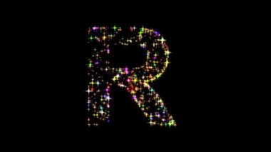 İngiliz alfabesi R düz siyah arkaplan üzerinde parıldayan renkli simler ile