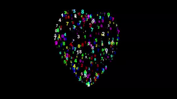 Περιστρεφόμενο Σχήμα Καρδιάς Πολύχρωμους Ψηφιακούς Αριθμούς Απλό Μαύρο Φόντο — Αρχείο Βίντεο