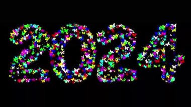 2024 düz siyah arka planda renkli kelebeklerle