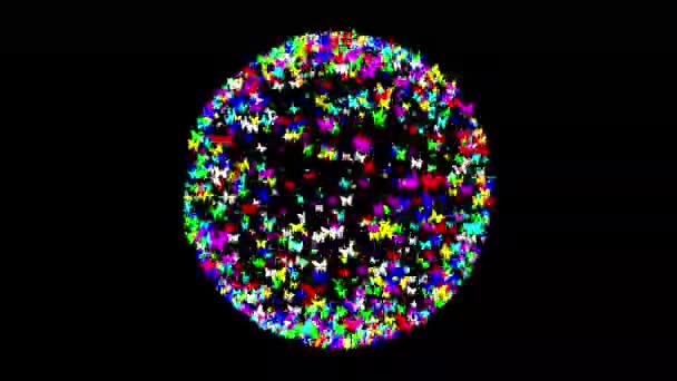 Spinning Esfera Con Mariposas Colores Sobre Fondo Negro Llano — Vídeo de stock